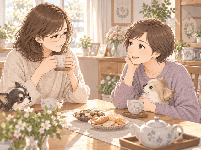 妹の家でお茶を飲みながら話す二人の女性のイラスト