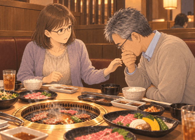 焼肉店で突然体調を崩した夫を心配そうに見つめる妻のイラスト