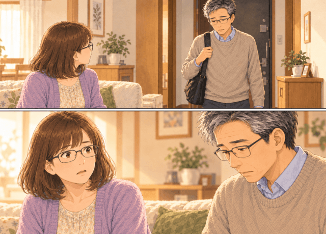 内視鏡検査から帰宅した夫から「がんみたいや…」と聞き、言葉を失う妻を描いた2コマ漫画