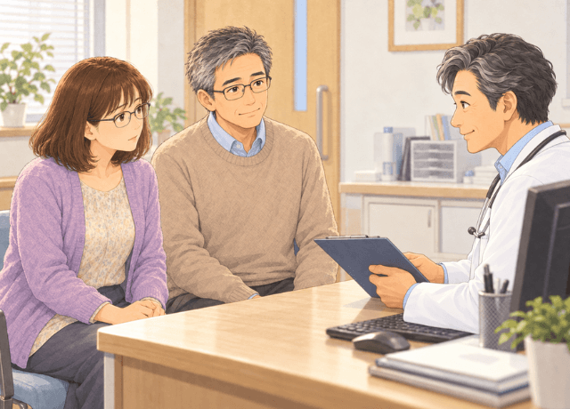 診察室で医師の説明を待つ夫婦のイラスト