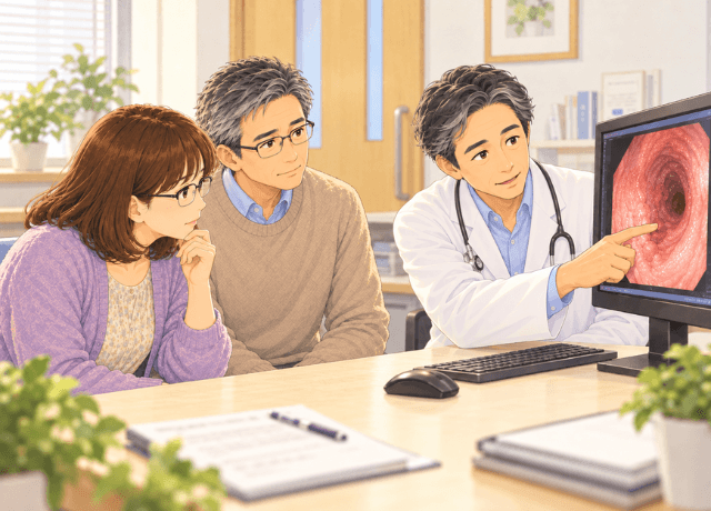 診察室で医師が内視鏡画像を指しながら夫婦に説明しているイラスト