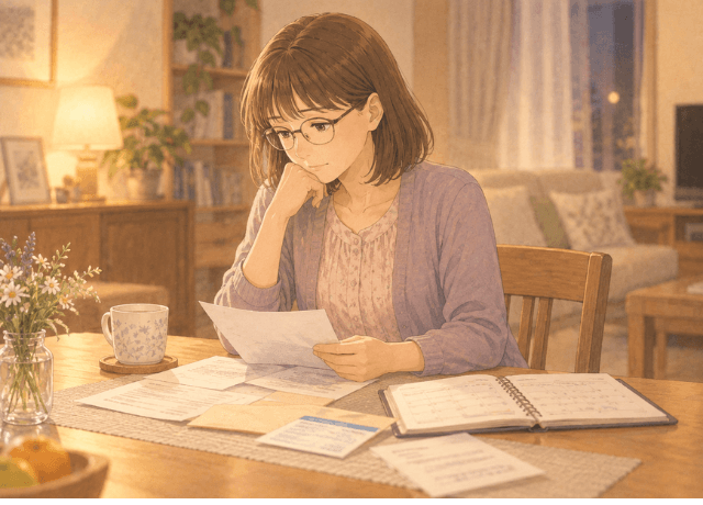 自宅の食卓で病院の書類や手帳を見ながら静かに考え込む妻のイラスト
