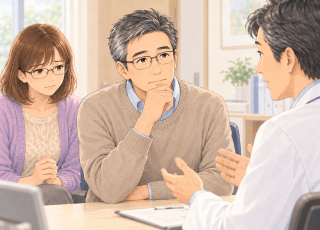 食道がんの治療について医師の説明を真剣に聞く夫と、その隣で見守る妻のイラスト