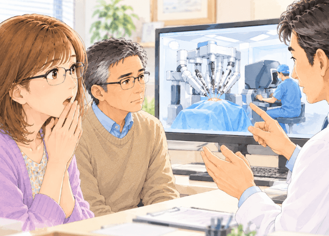 診察室で、医師が手術支援ロボットについて説明し、驚きながら話を聞く妻と静かに聞く夫を描いたイラスト
