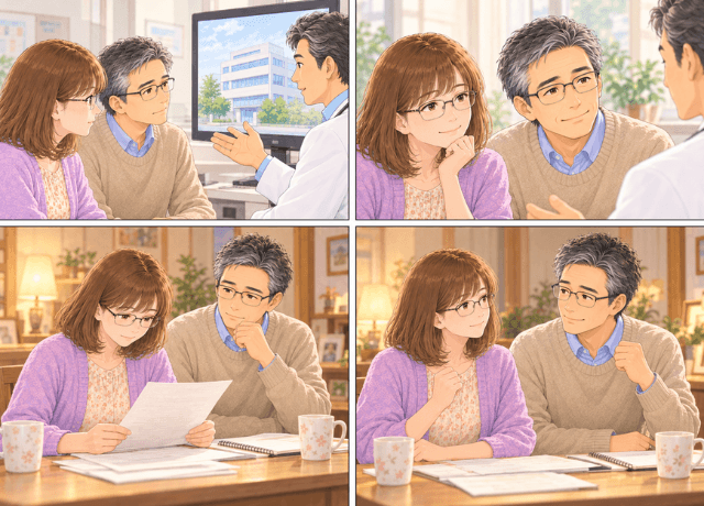 根治を目指せると聞いたあと、自宅で夫婦が治療方針について話し合う様子を描いた4コマ漫画