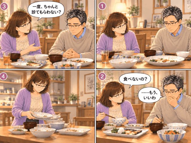 食事のたびに食べられなくなっていく夫と、その変化を心配する妻を描いた4コマ漫画