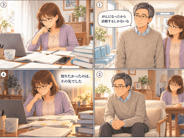 がんと告げられた後、静かに受け止める夫と、自宅で食道がんについて調べ始める妻を描いた4コマ漫画