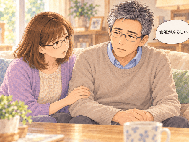 「内視鏡検査後、自宅でぼんやりした様子の夫から食道がんらしいと聞く妻のイラスト」