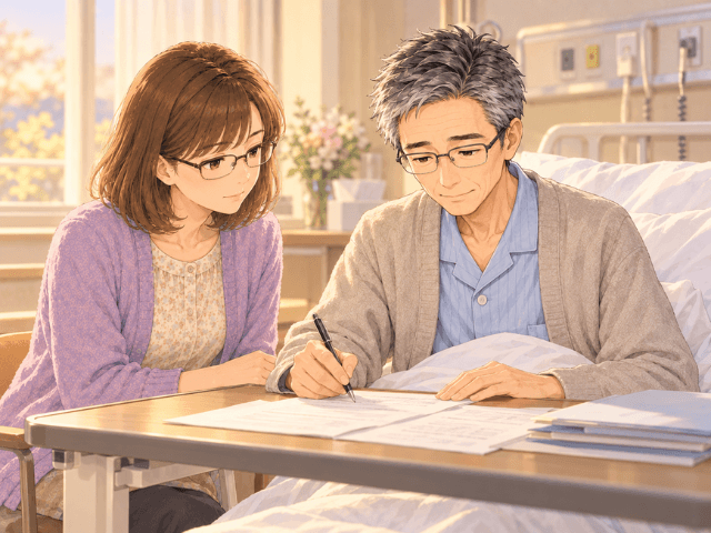 緩和ケア病棟で、ベッドに座った夫が書類を書き、妻が横で静かに見守っているイラスト