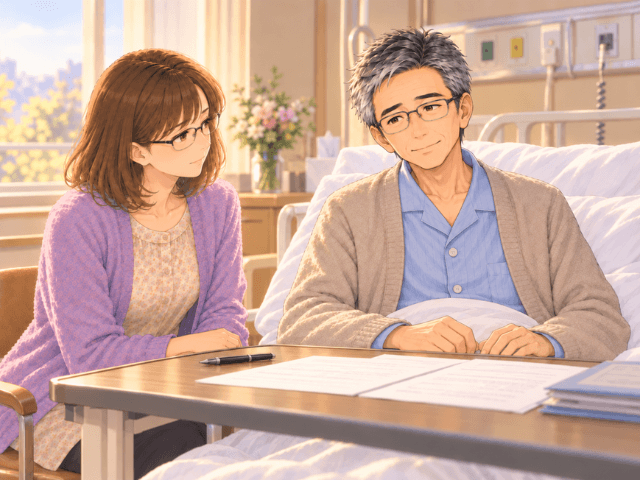 書類を書き終えたあと、病室で夫が穏やかな表情を見せ、妻がそばで見つめているイラスト