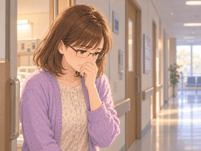 病院の廊下で、涙をこらえきれずに立ち尽くす妻のイラスト