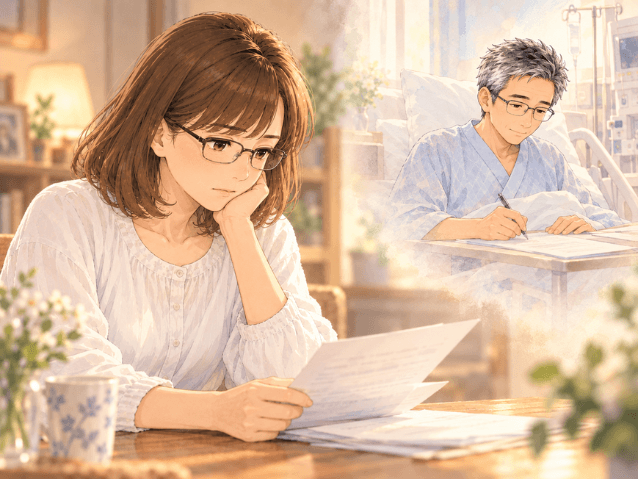 書類を見つめながら夫との記憶を思い返す妻と、病室で書類を書く夫の回想を描いたイラスト